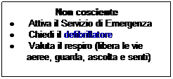 Casella di testo: Non cosciente
       Attiva il Servizio di Emergenza
       Chiedi il defibrillatore
       Valuta il respiro (libera le vie aeree, guarda, ascolta e senti)
